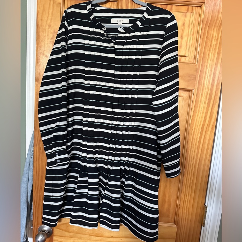 Ann Taylor loft size M polyester black cream mint striped pleated mini dress